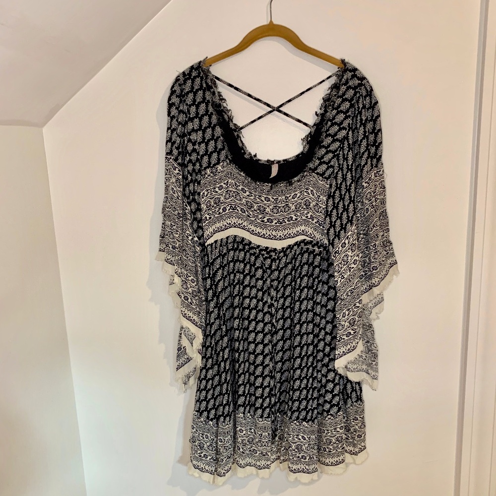 Free People “Heart of Gold” Navy and White Boho Print Mini Dress - Picture 3 of 10